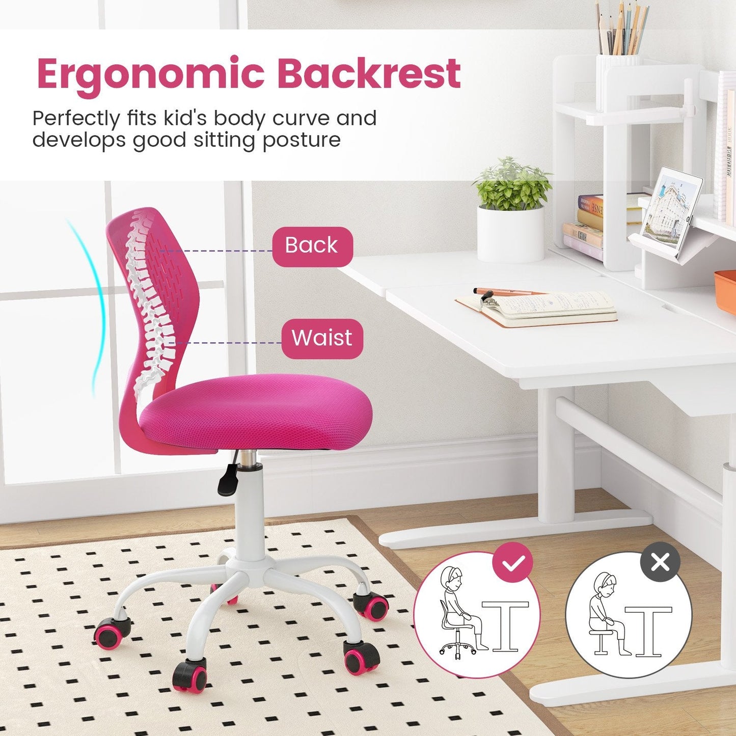 Ergonomic Children Study Chair with Adjustable Height-Rose
