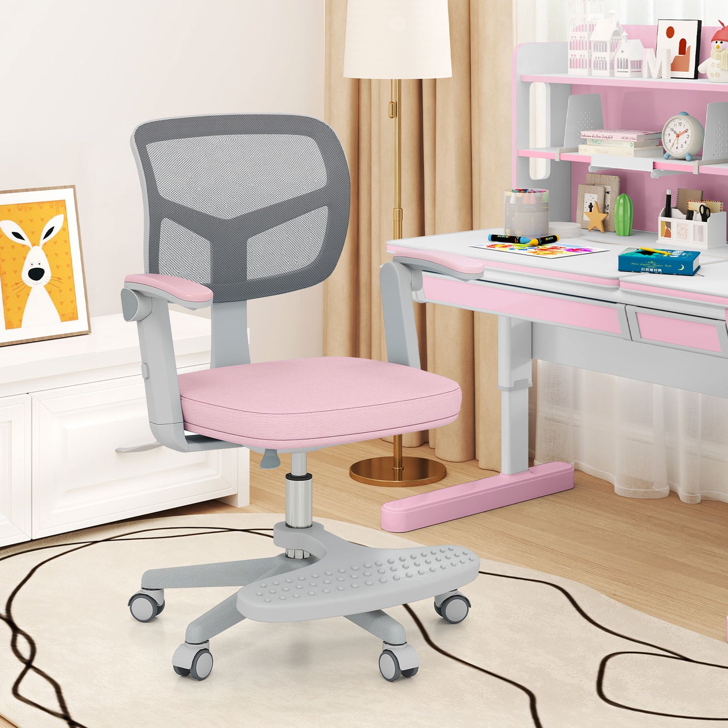 Kids Desk Chair Children Study Chair with Adjustable Height Armrest and Footrest-Pink