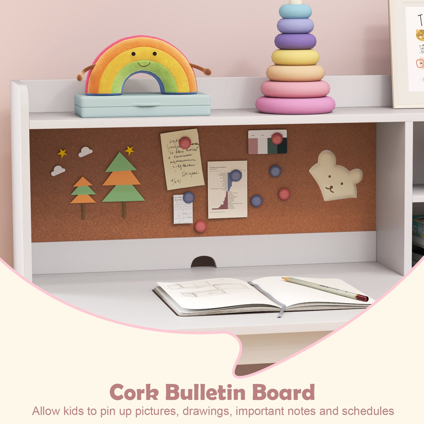 Kids Desk and Chair Set with Chair Hutch and 3-Layer Side Shelf-White