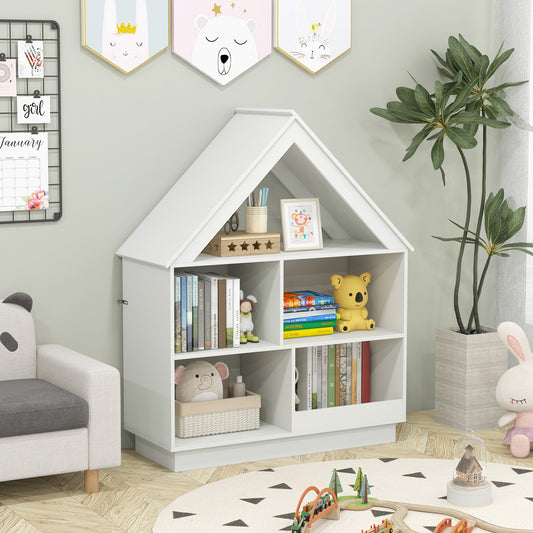 Kids Dollhouse Bookshelf with Anti-toppling Devices and 3-Tier Open Display Shelf for Toddlers-White