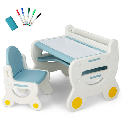 Kids Drawing Table and Chair Set with Watercolor Pens-Blue