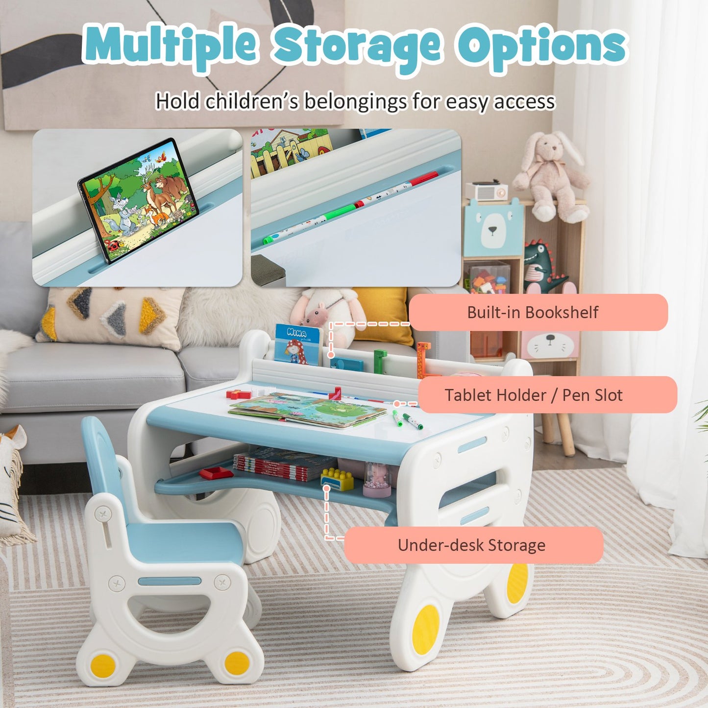Kids Drawing Table and Chair Set with Watercolor Pens-Blue