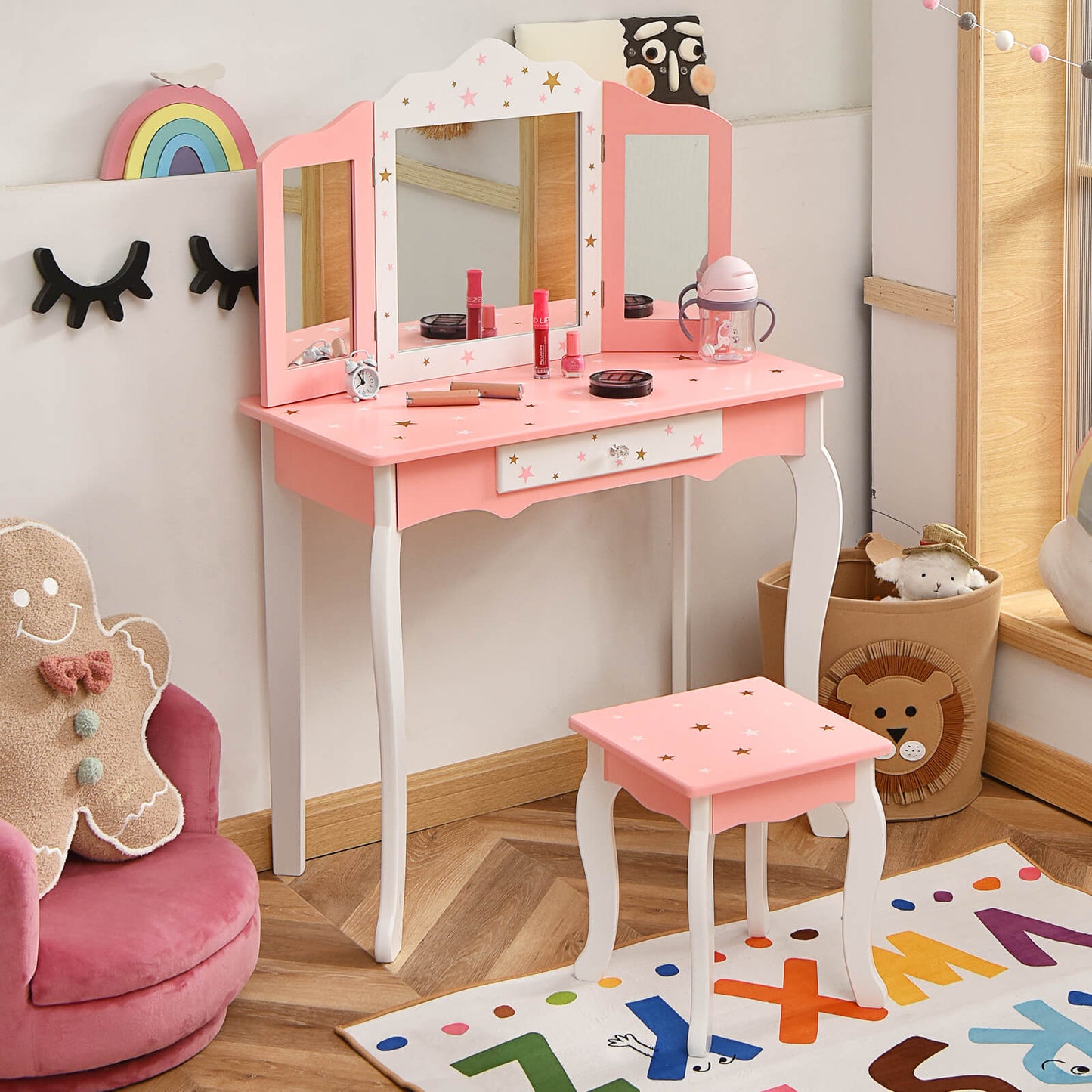 Kids Beauty Makeup Vanity Table and Stool Set with Tri-fold Mirror-Pink