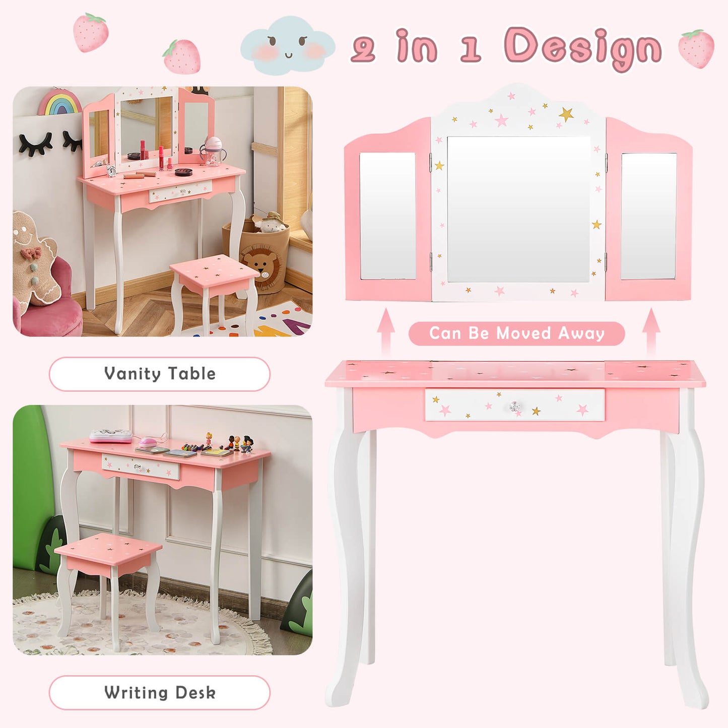 Kids Beauty Makeup Vanity Table and Stool Set with Tri-fold Mirror-Pink