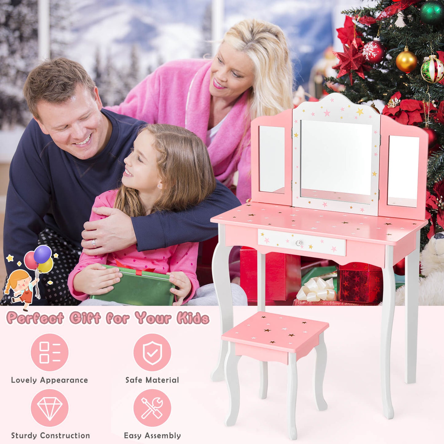 Kids Beauty Makeup Vanity Table and Stool Set with Tri-fold Mirror-Pink