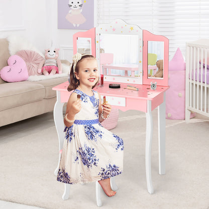 Kids Beauty Makeup Vanity Table and Stool Set with Tri-fold Mirror-Pink