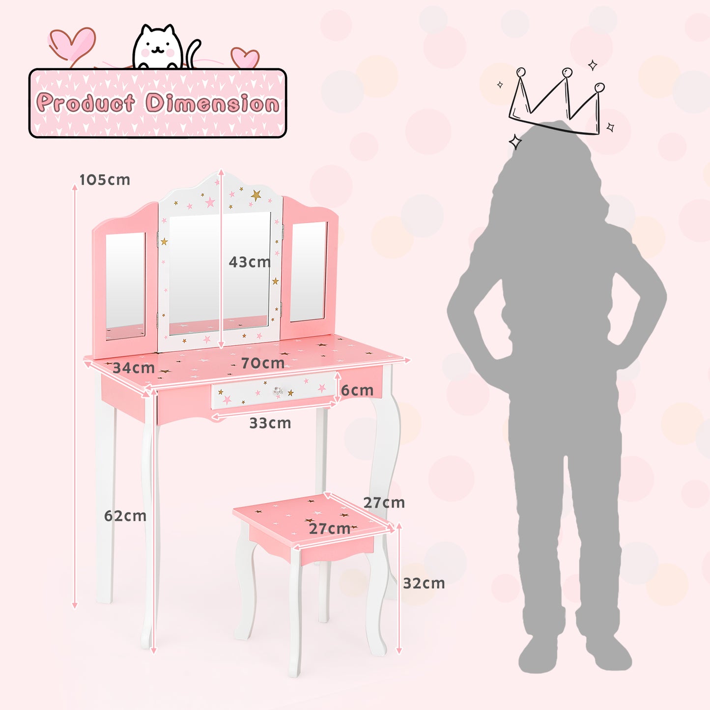 Kids Beauty Makeup Vanity Table and Stool Set with Tri-fold Mirror-Pink