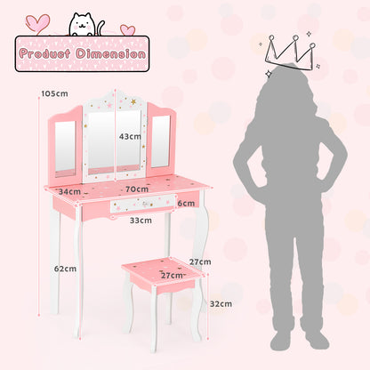 Kids Beauty Makeup Vanity Table and Stool Set with Tri-fold Mirror-Pink