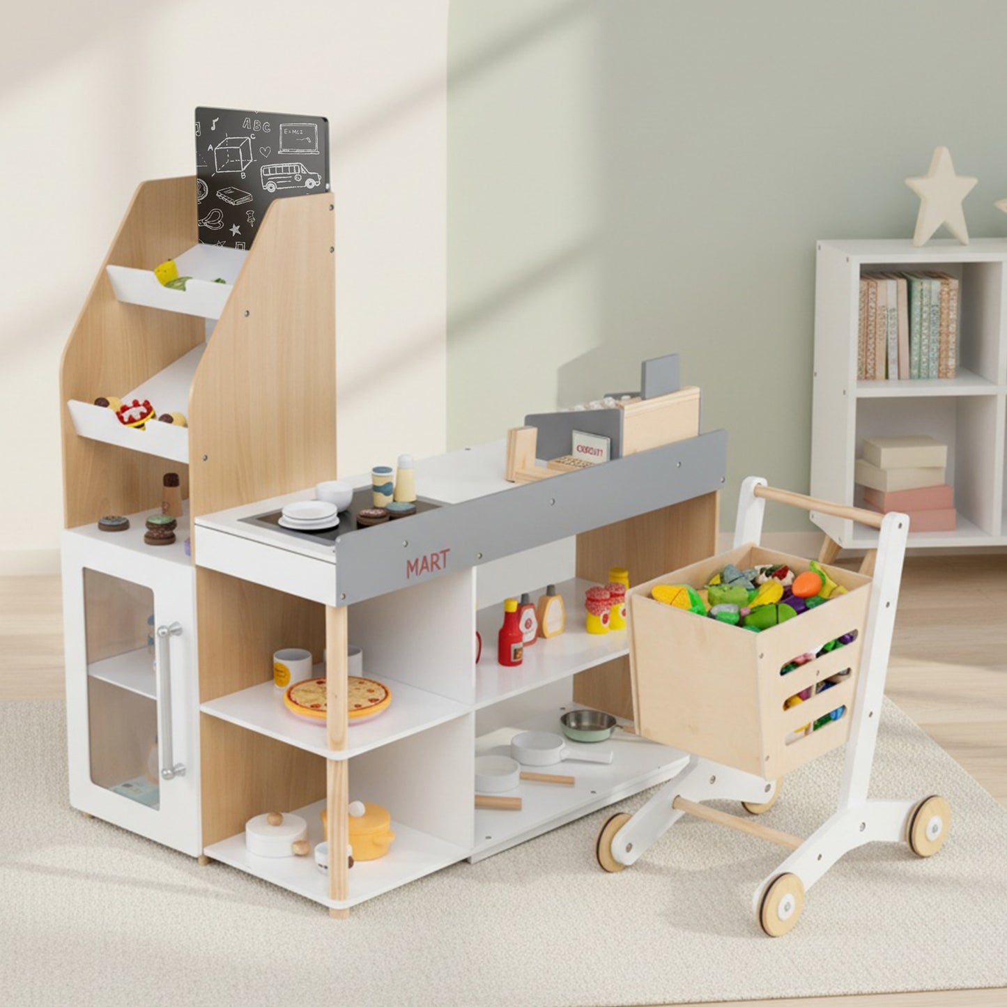 Kids Grocery Store Playset Wooden Pretend Play Supermarket with Shopping Cart-Natural