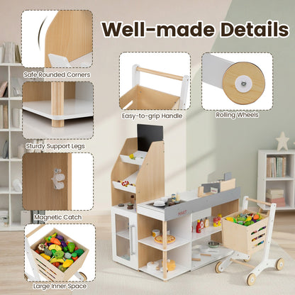 Kids Grocery Store Playset Wooden Pretend Play Supermarket with Shopping Cart-Natural