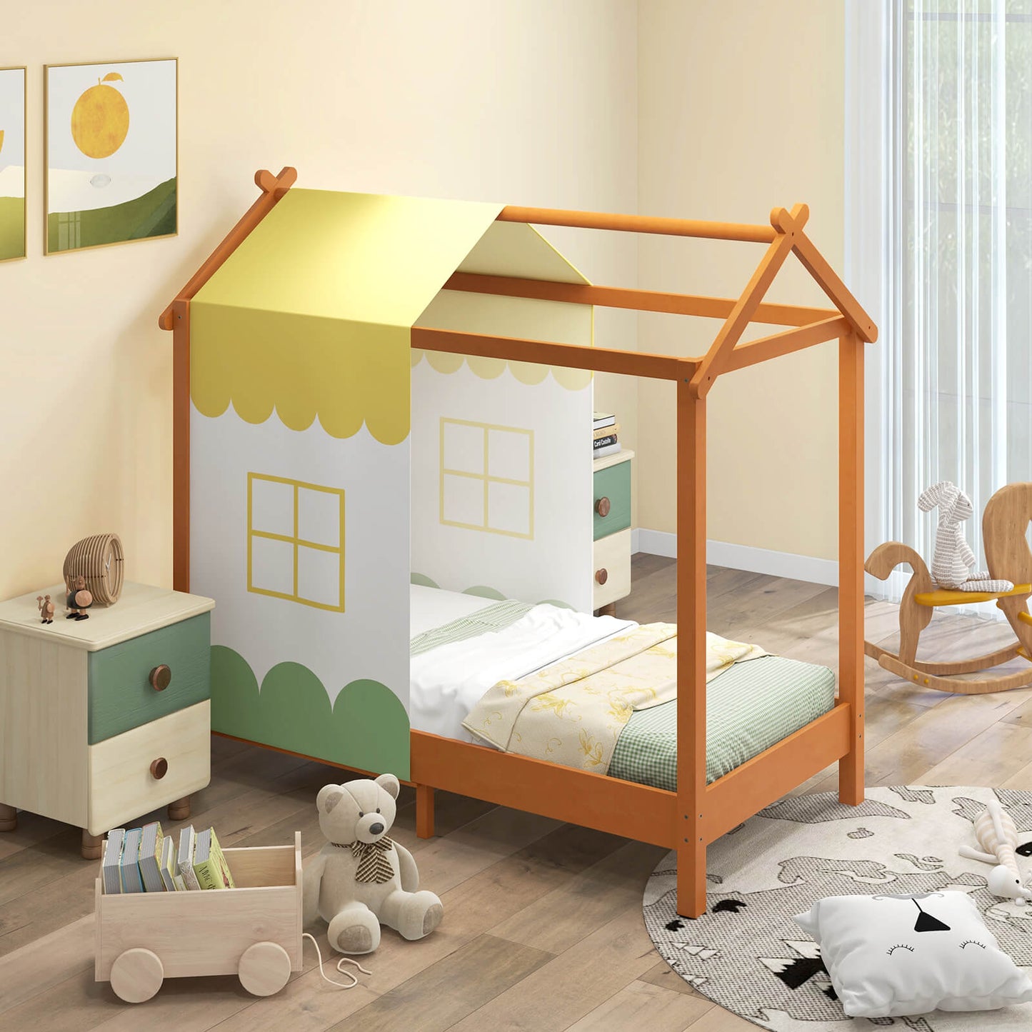 Kids House Bed with Roof Playhouse with Removable Canopy