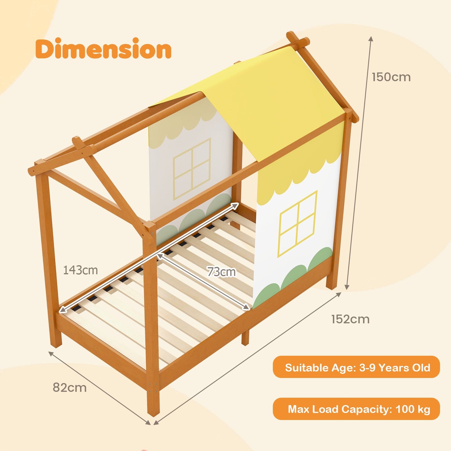 Kids House Bed with Roof Playhouse with Removable Canopy