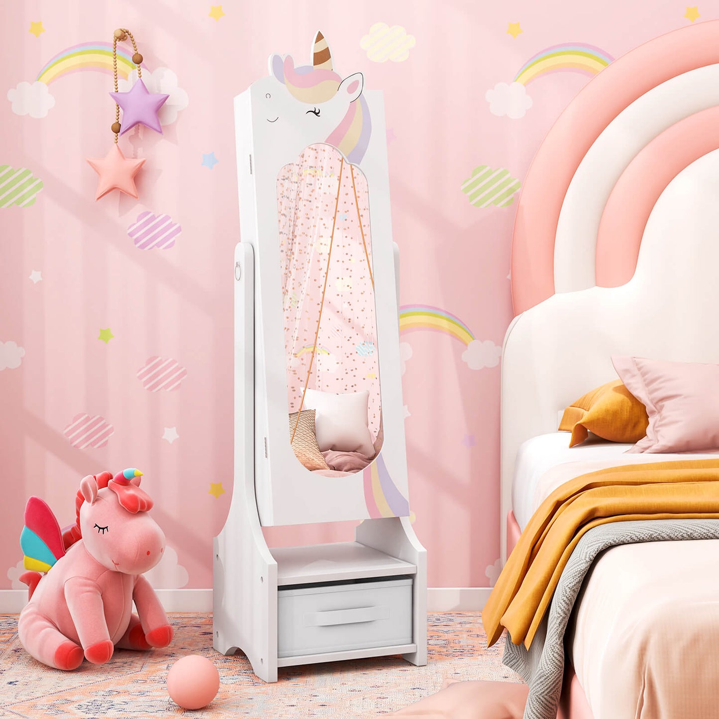 Kids Jewelry Armoire Cabinet Full Length Mirror with Tilt Angles-White