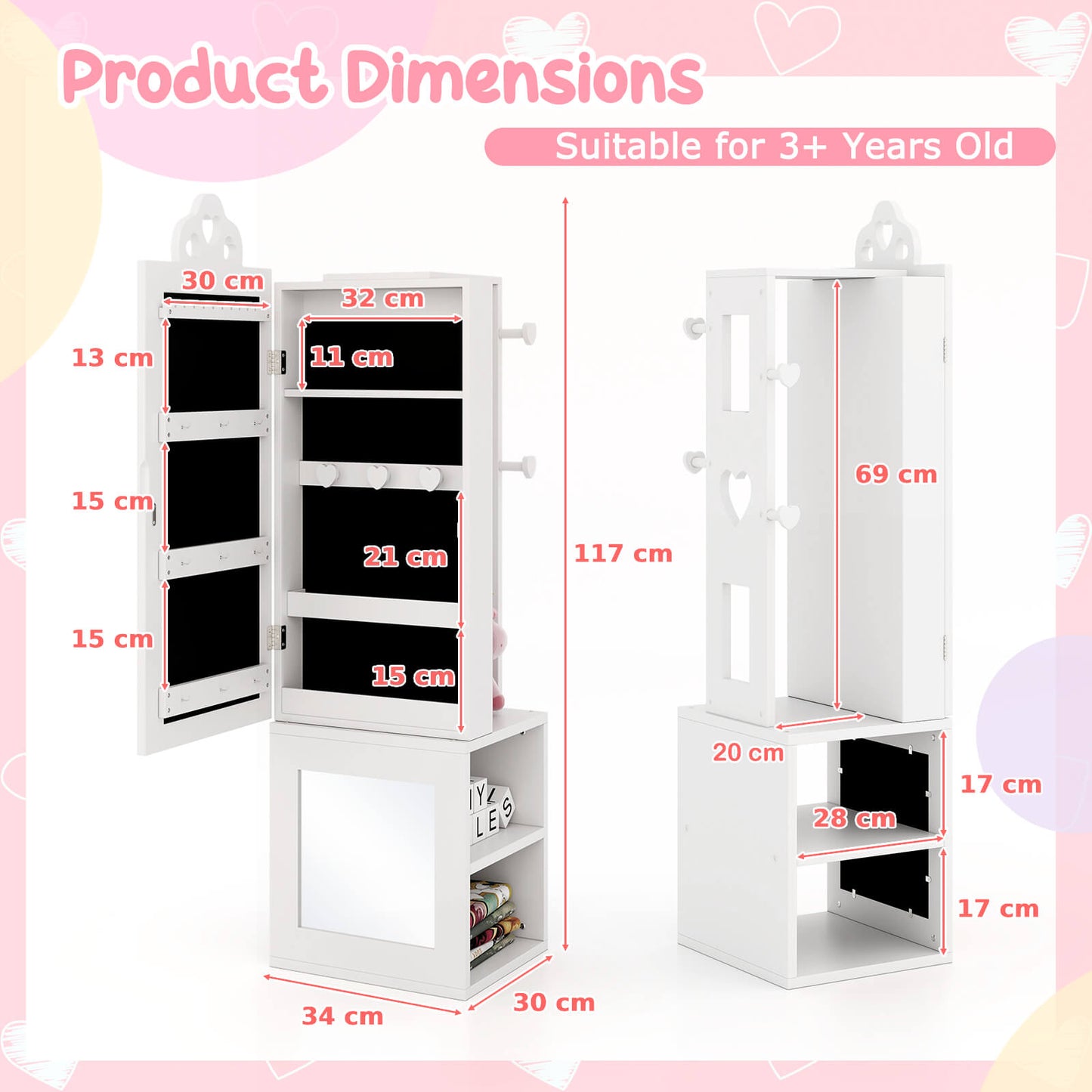 Kids Jewelry Armoire Full Length Mirror with Coat Rack and Storage Shelves-White