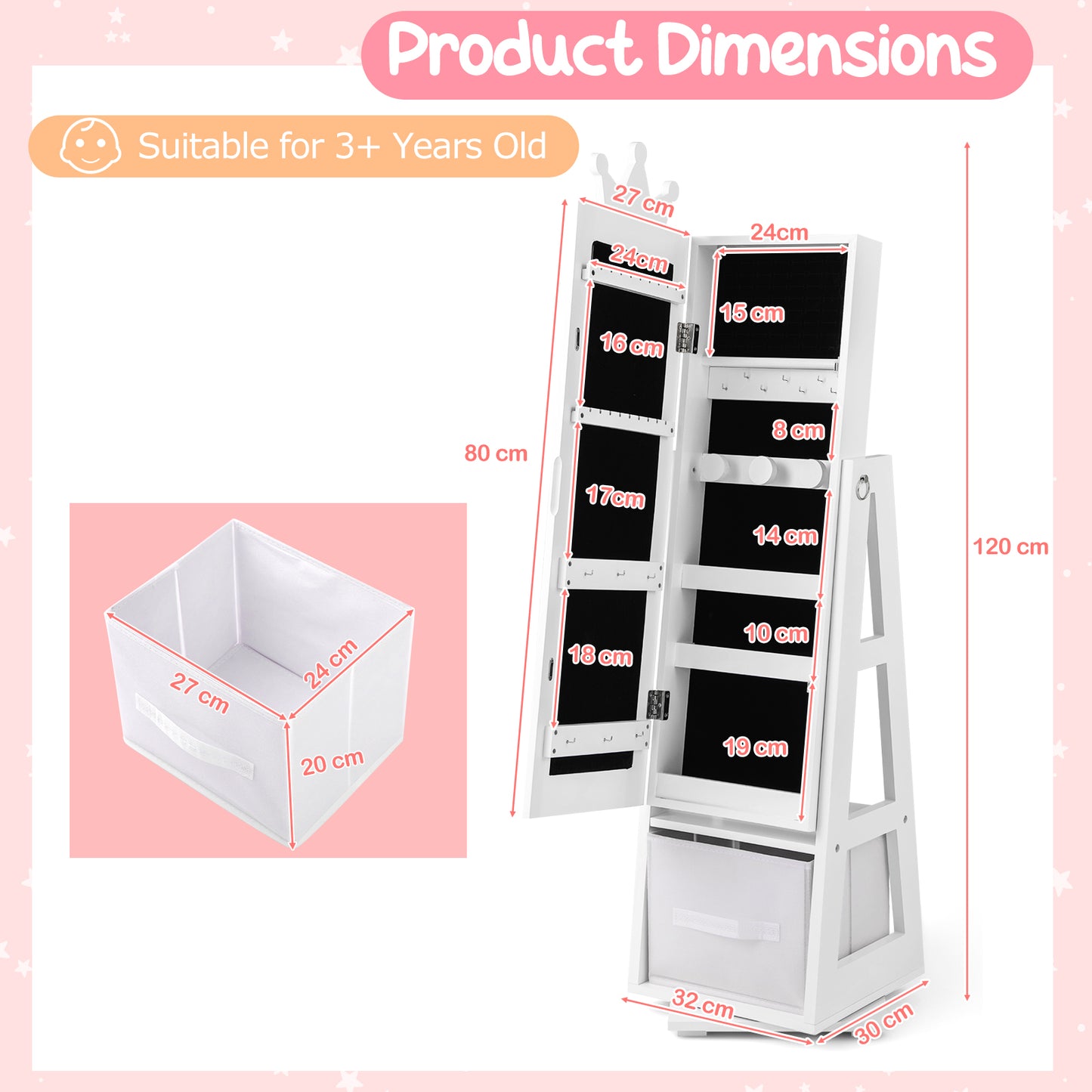 Kids Jewelry Cabinet Standing Jewelry Organizer with Full-Length Mirror-White