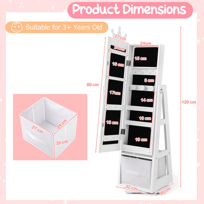 Kids Jewelry Cabinet Standing Jewelry Organizer with Full-Length Mirror-White