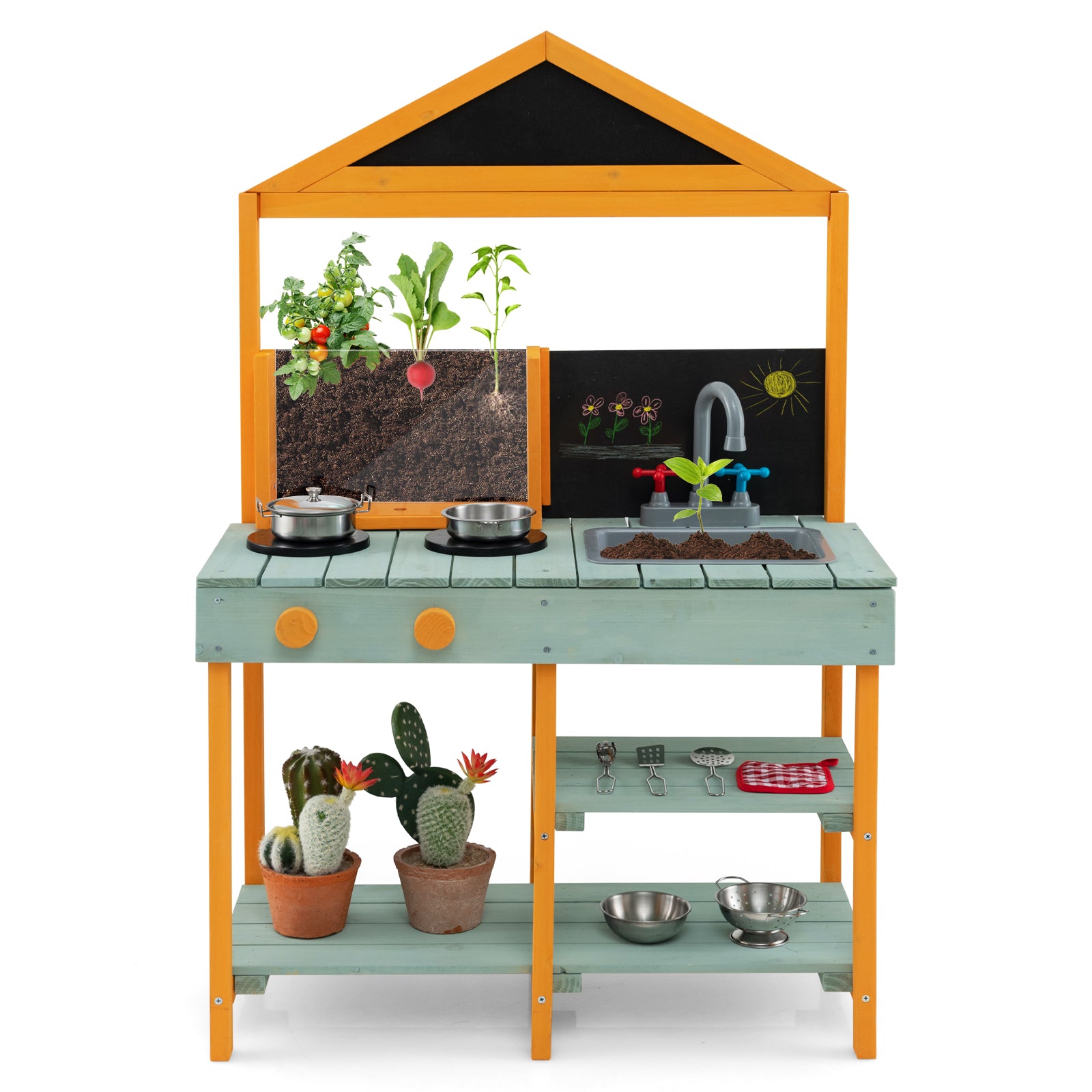 Kids Kitchen Playset with Root Viewer Planter Rotatable Faucet-green