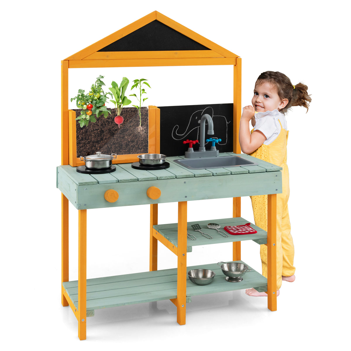 Kids Kitchen Playset with Root Viewer Planter Rotatable Faucet-green