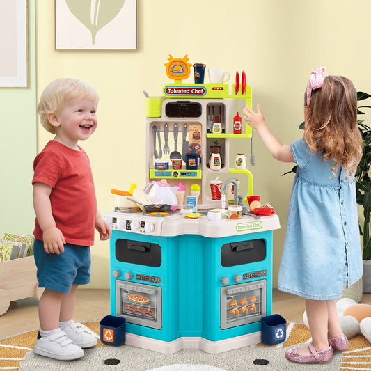 Kids Kitchen Playset Corner Play Kitchen with Realistic Sounds and Lights-Blue