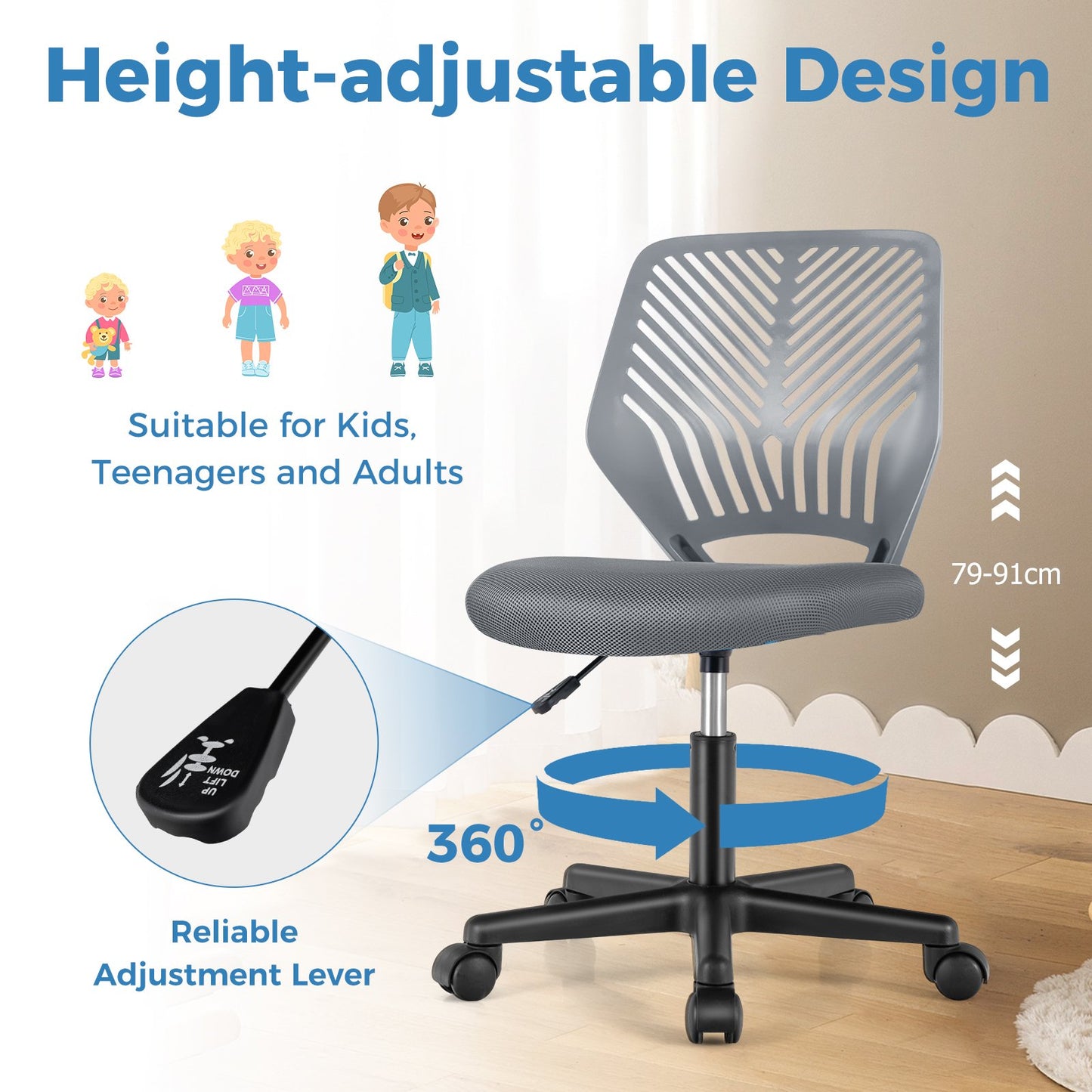 Height-adjustable Kids Mesh Ergonomic Desk Chair with Universal Casters-Grey