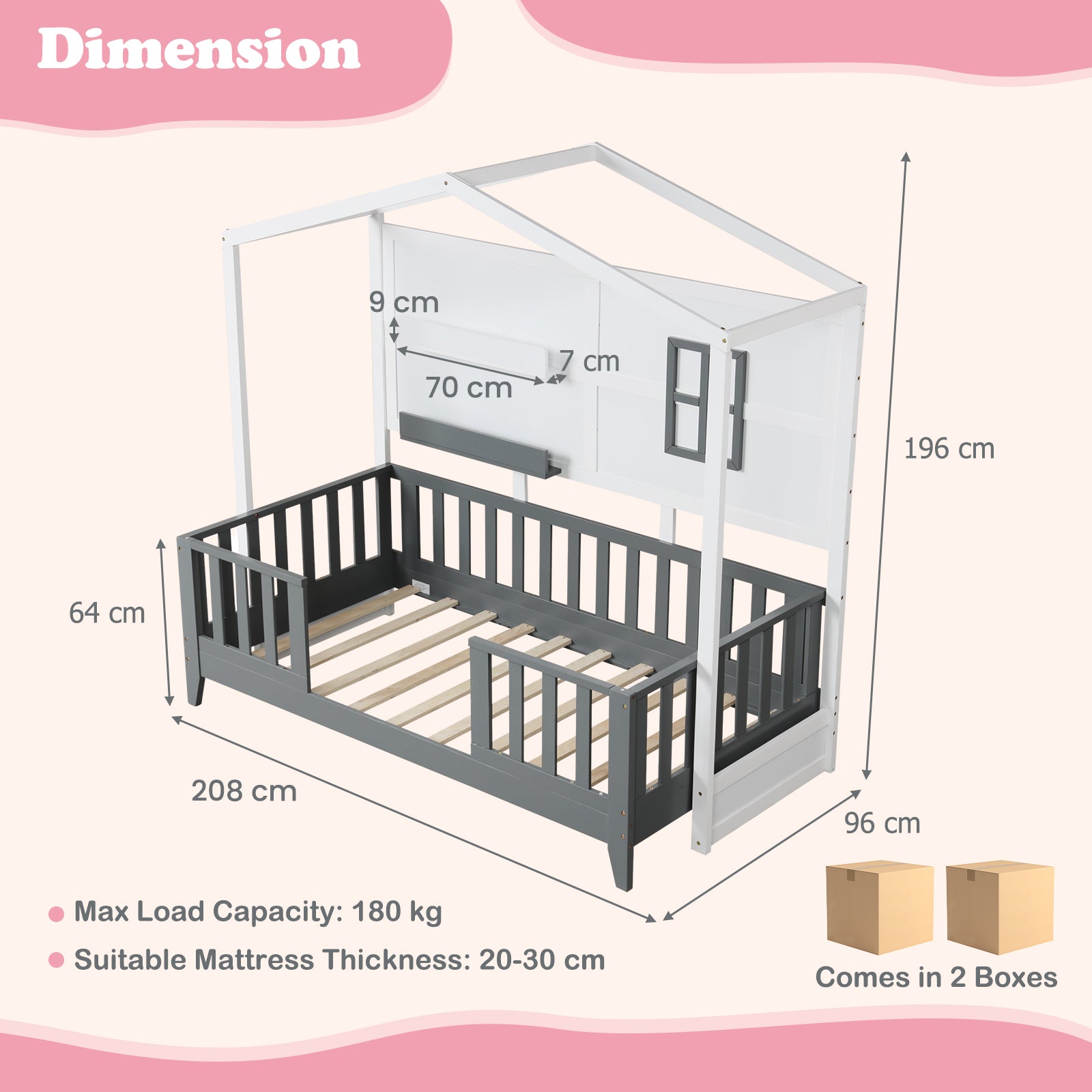 Kids Montessori Wood House Bed Bed with 2 Shelves and Guardrails-Gray &amp; White-Single Size