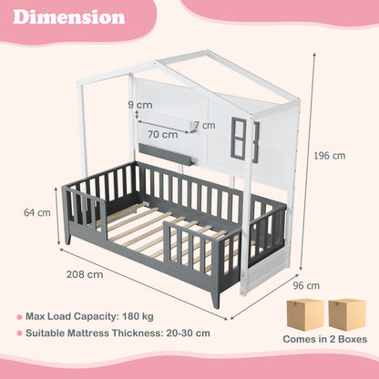 Kids Montessori Wood House Bed Bed with 2 Shelves and Guardrails-Gray &amp; White-Single Size