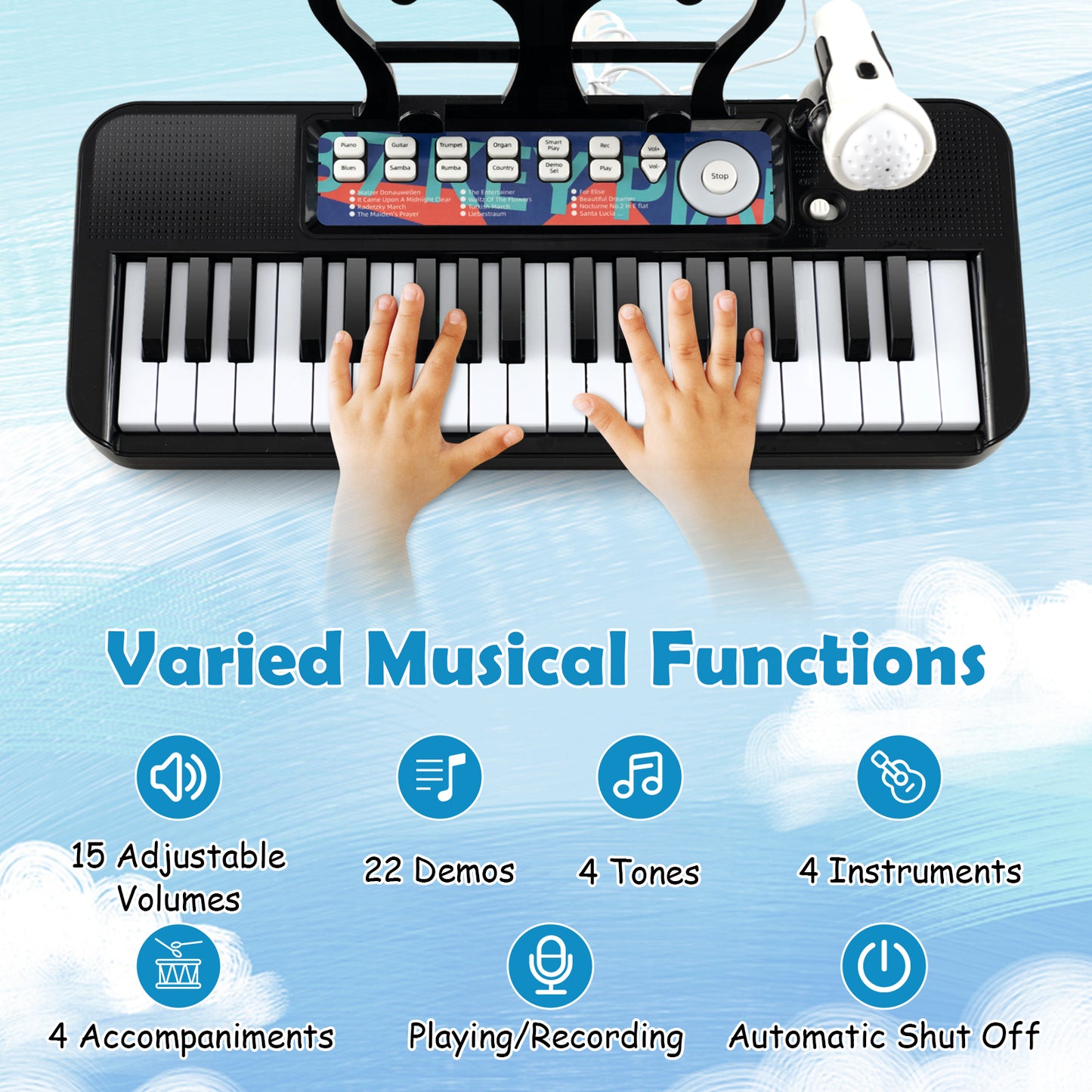 37-Key Kids Piano Keyboard Electronic Instrument with Microphone-Black