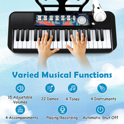 37-Key Kids Piano Keyboard Electronic Instrument with Microphone-Black
