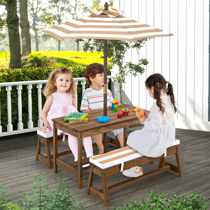 Kids Picnic Table with Cushions and Umbrella-Brown