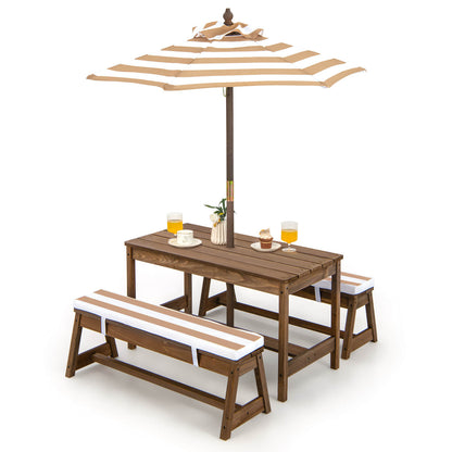 Kids Picnic Table with Cushions and Umbrella-Brown