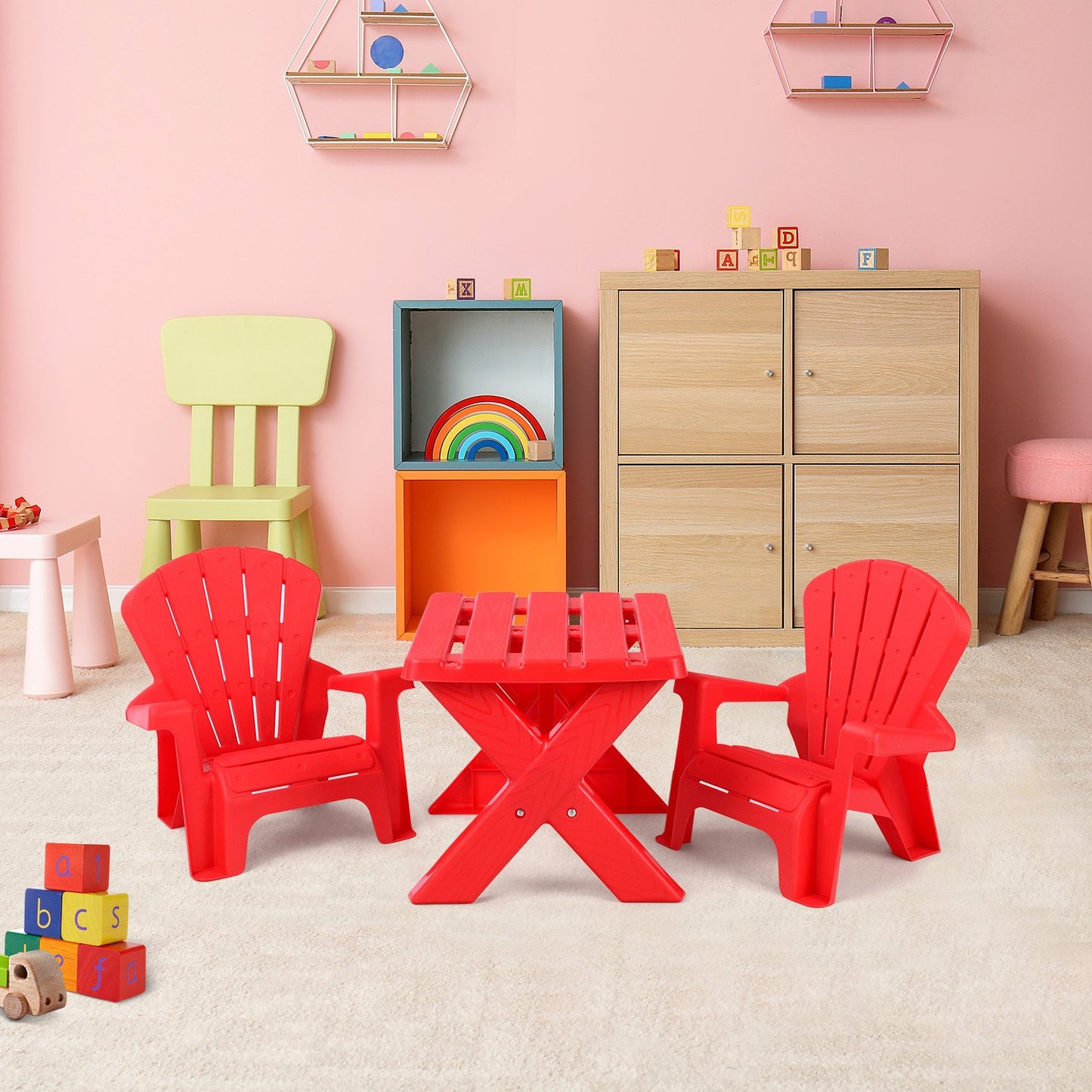 Kids Plastic Table with 2 Adirondack Chairs Set-Red