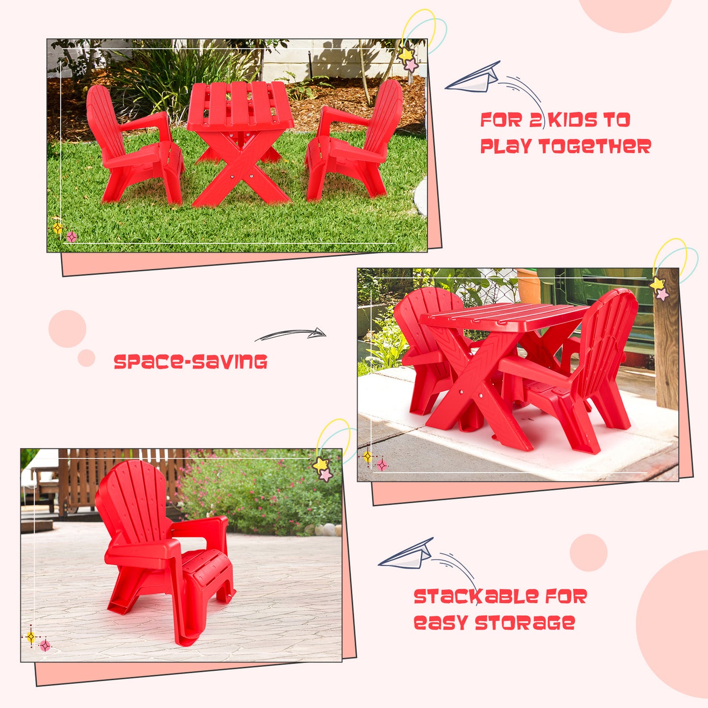 Kids Plastic Table with 2 Adirondack Chairs Set-Red