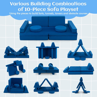 8-Piece Kids Play Couch Sofa with Portable Handle-Blue