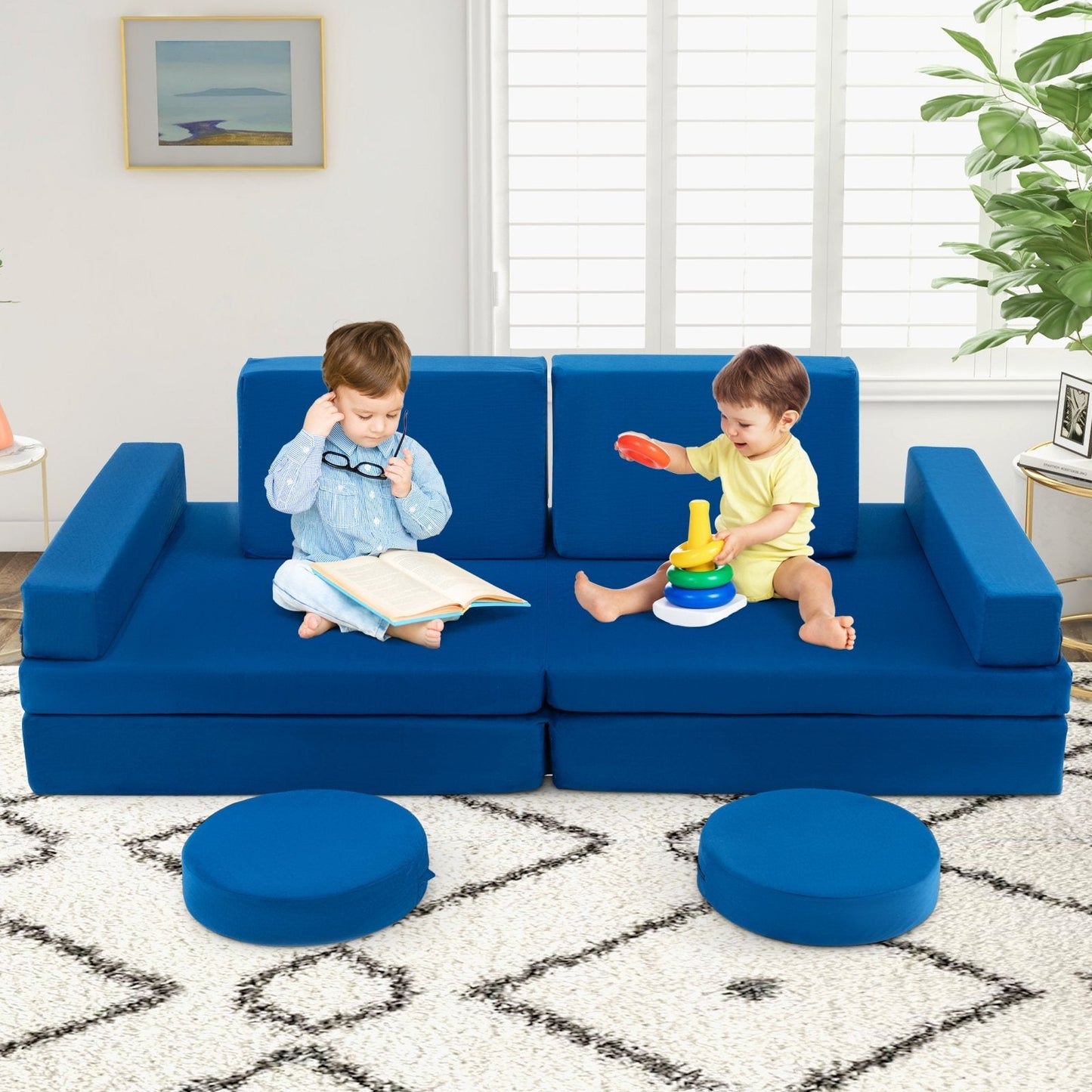 8-Piece Kids Play Couch Sofa with Portable Handle-Blue