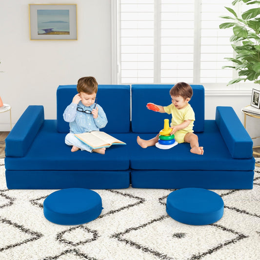 8-Piece Kids Play Couch Sofa with Portable Handle-Blue