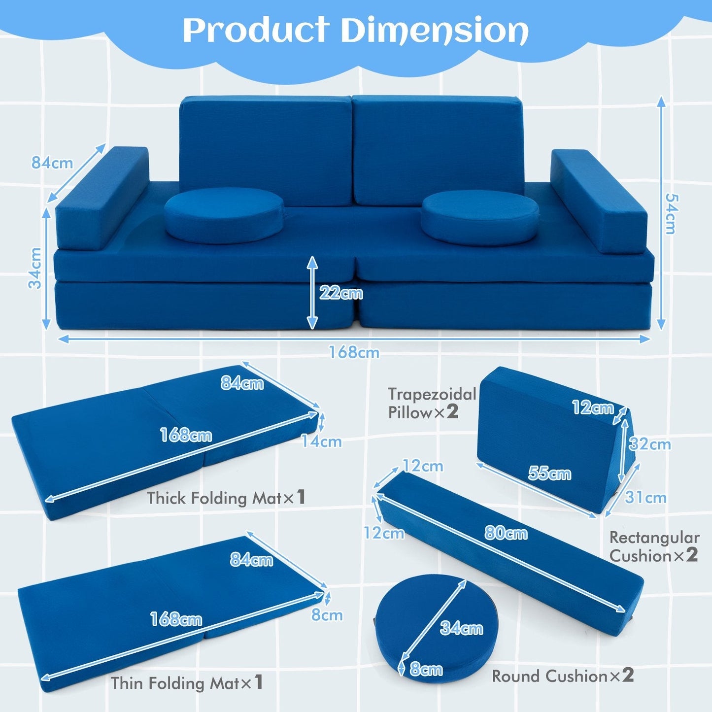 8-Piece Kids Play Couch Sofa with Portable Handle-Blue