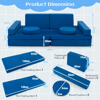 8-Piece Kids Play Couch Sofa with Portable Handle-Blue