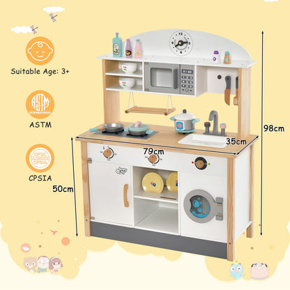 Wooden Kids Play Kitchen Set with Microwave Oven and Washing Machine