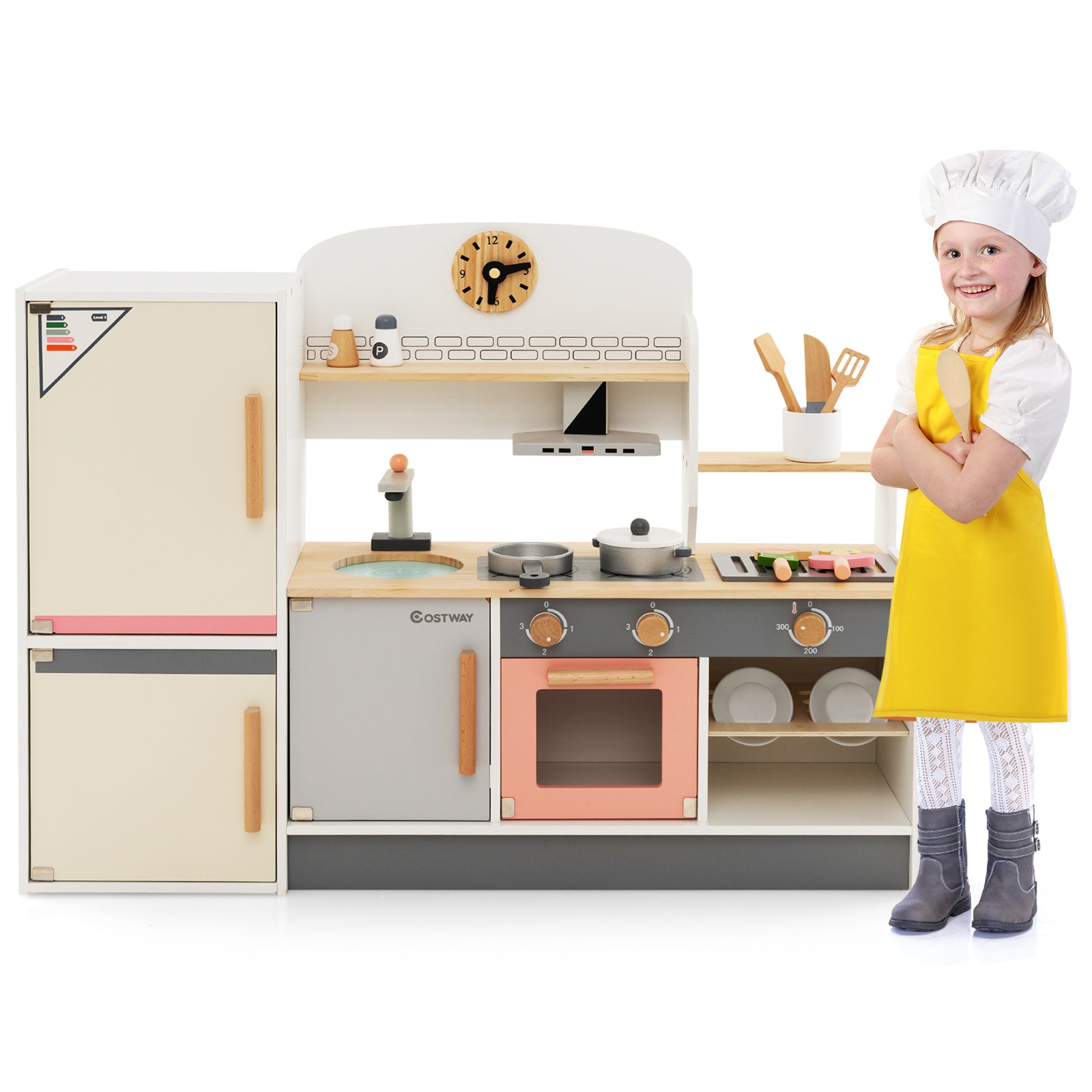 Wooden Pretend Kids Play Kitchen Set with Realistic Range Hood