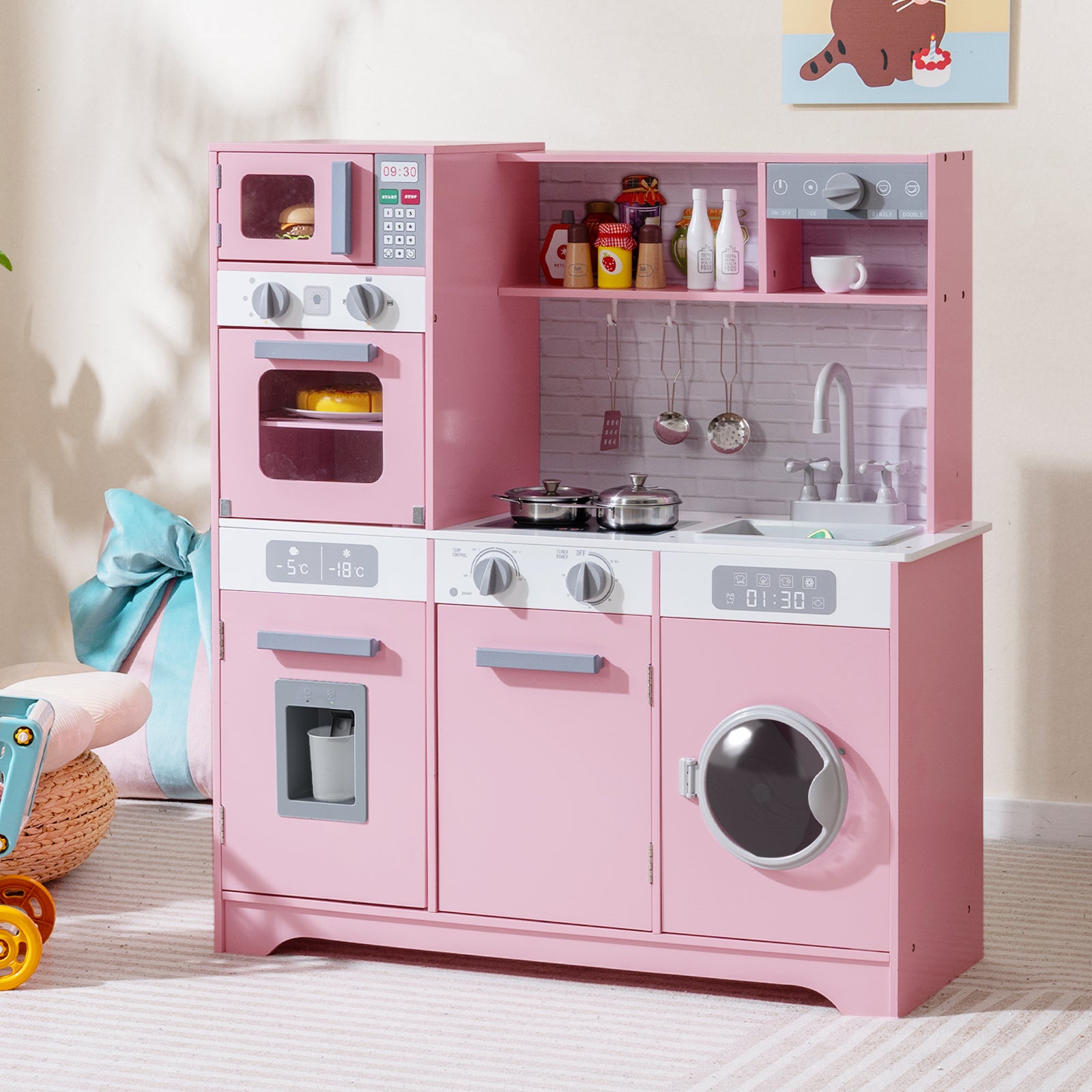 Kids Play Kitchen Toy Set with Water Dispenser and Sink-Pink
