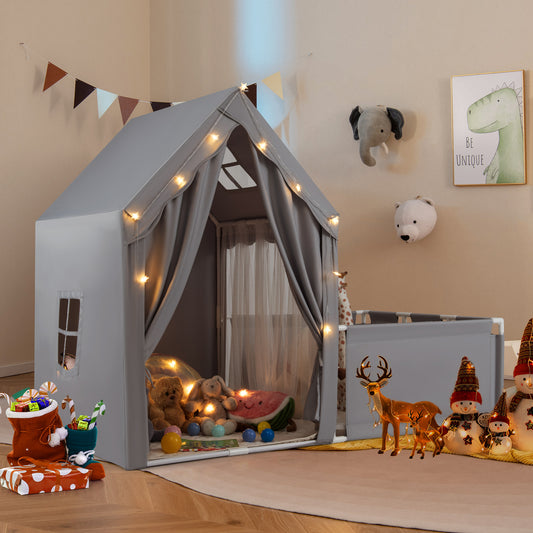 2-in-1 Kids Play Tent with Playpen and Washable Cotton Mat-Grey
