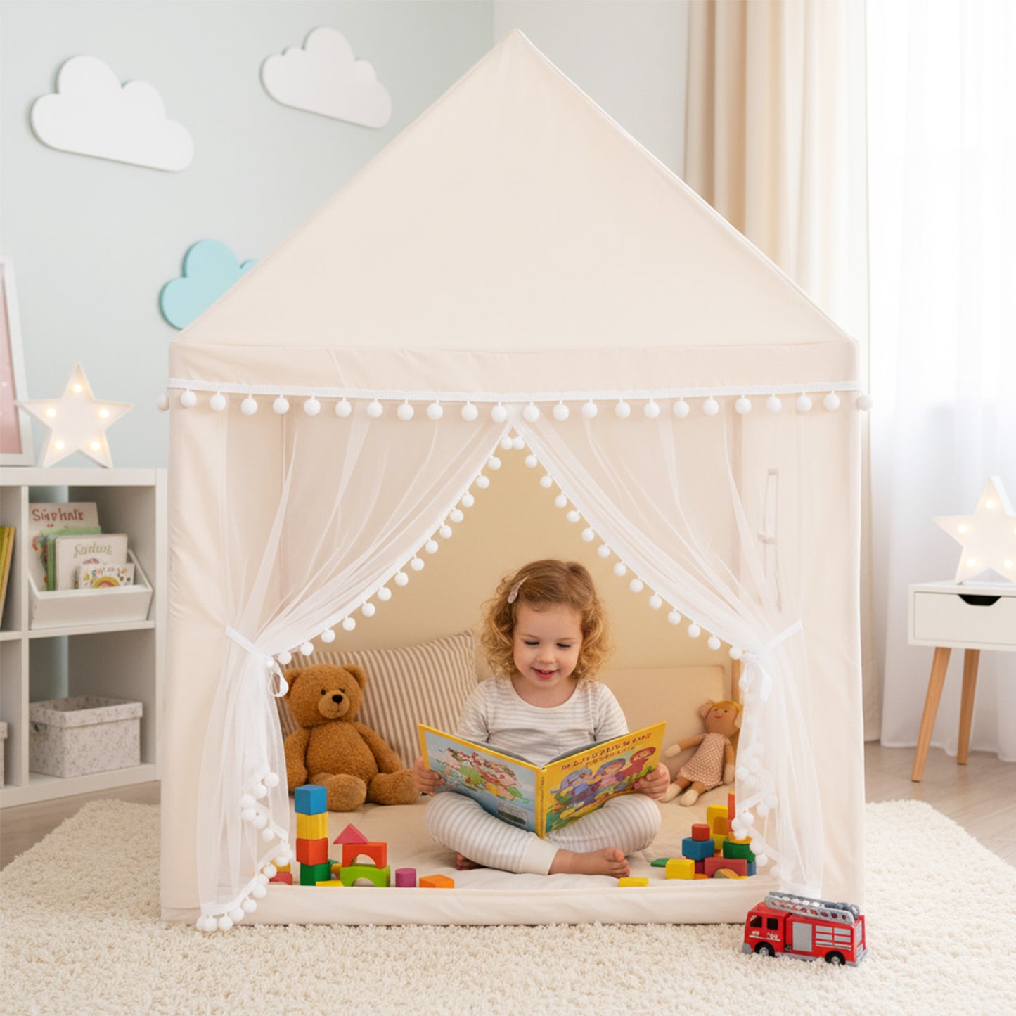 Kids Play Tent with Soft Sponge Padded Mat and Solid Wood Frame-Beige