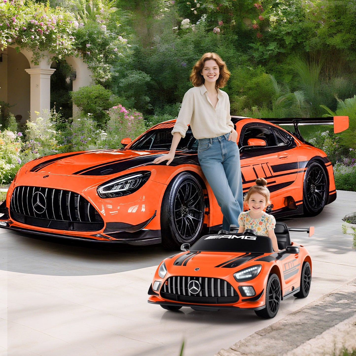 12V Kids Powered Ride on Car Benz GT3 with Spoiler and Remote Control-Orange
