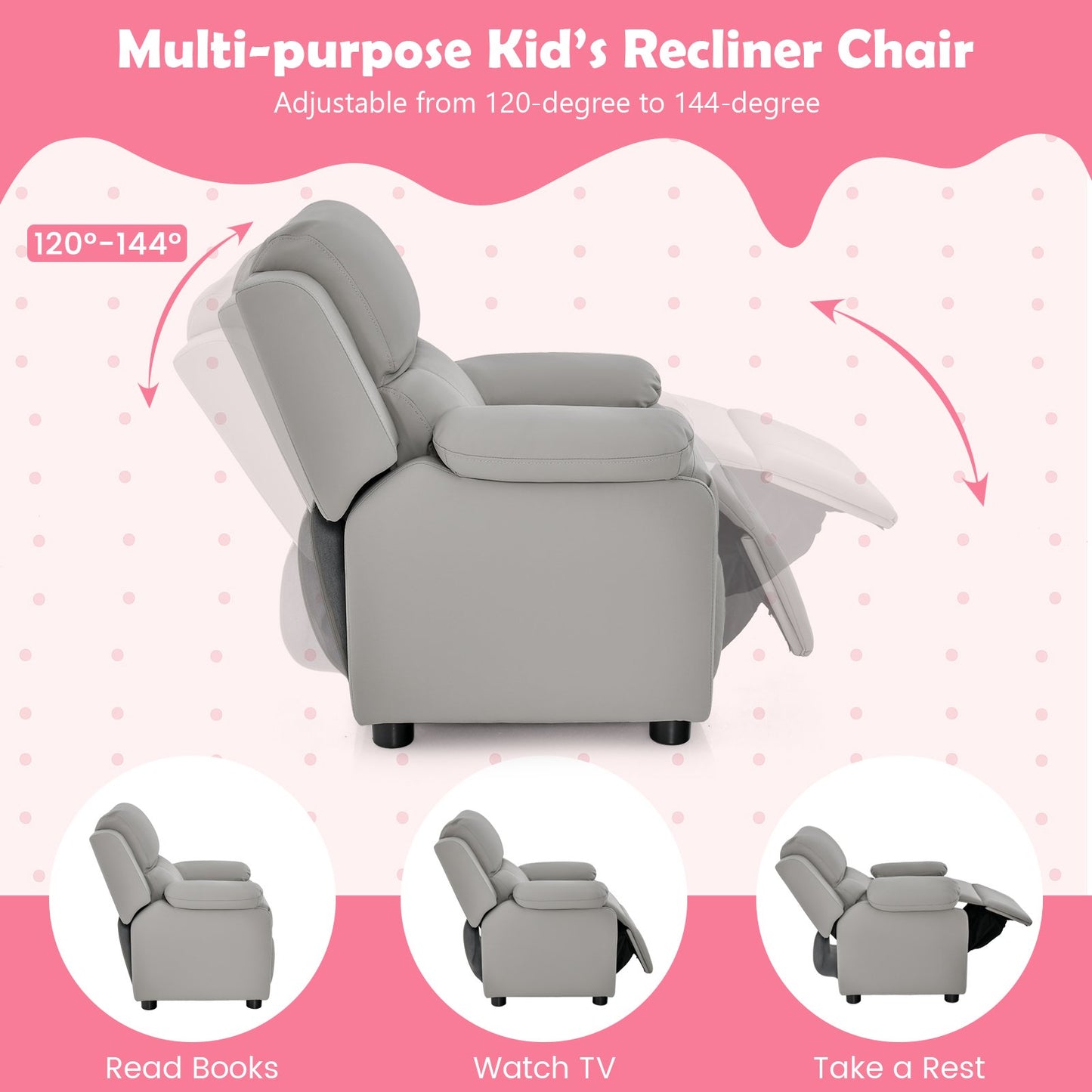 Kids Recliner Chair with Adjustable Backrest and Footrest-Light Grey