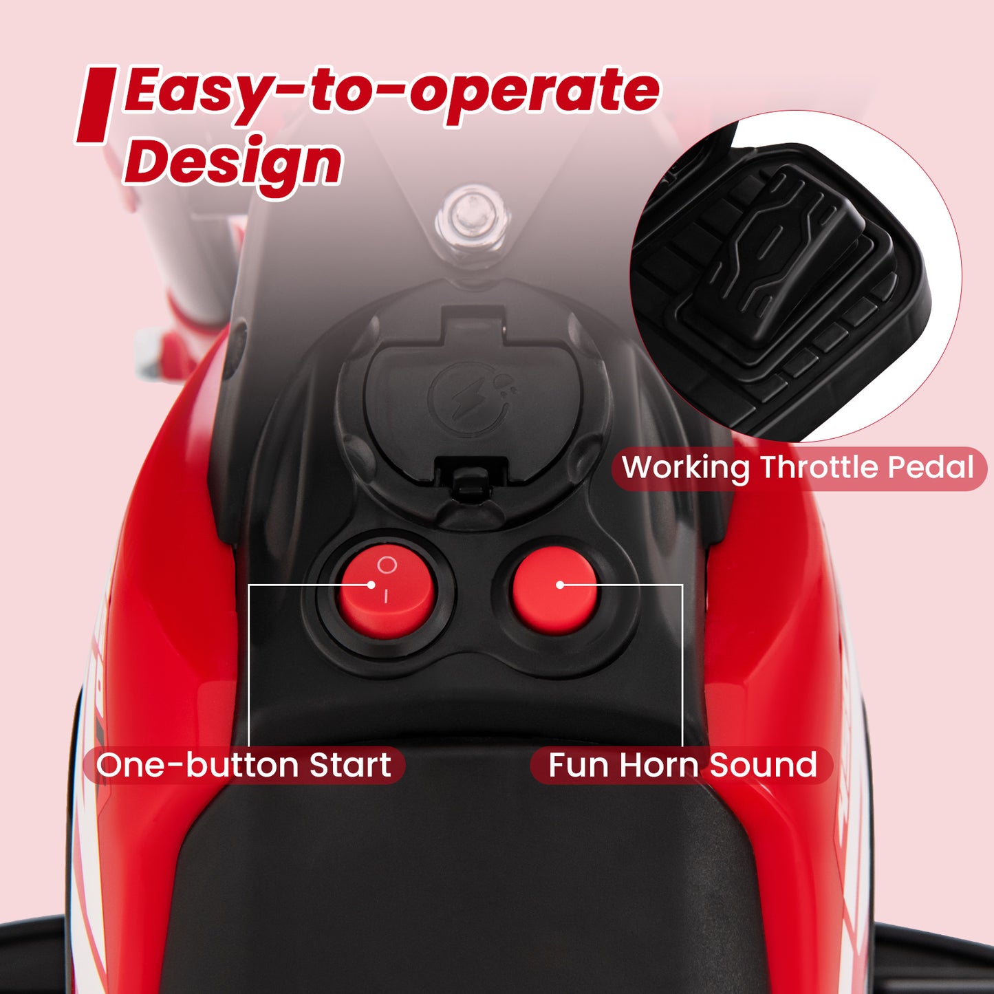 Honda Licensed Kids Ride On Motorbike with Horn Anti-slip Handlebars-Red