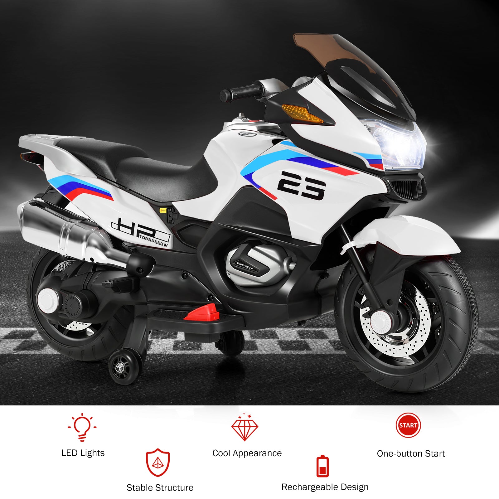 12V Electric Battery Powered Ride On Motorcycle with Training Wheels-White