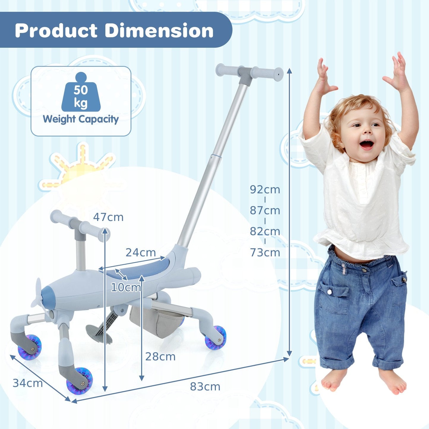 2-in-1 Kids Ride-On Push Car with Lighted Wheels for 18-60 Months Old-Blue