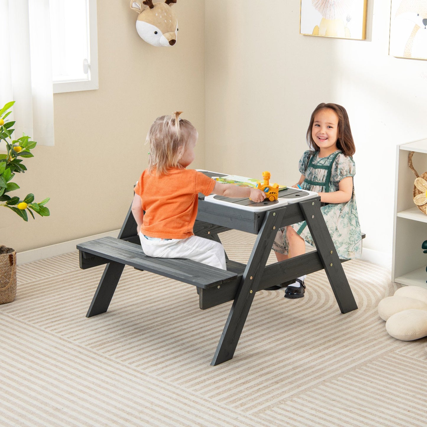 Kids 4-in-1 Sand and Water Table with Removable Boxes and Umbrella-Grey