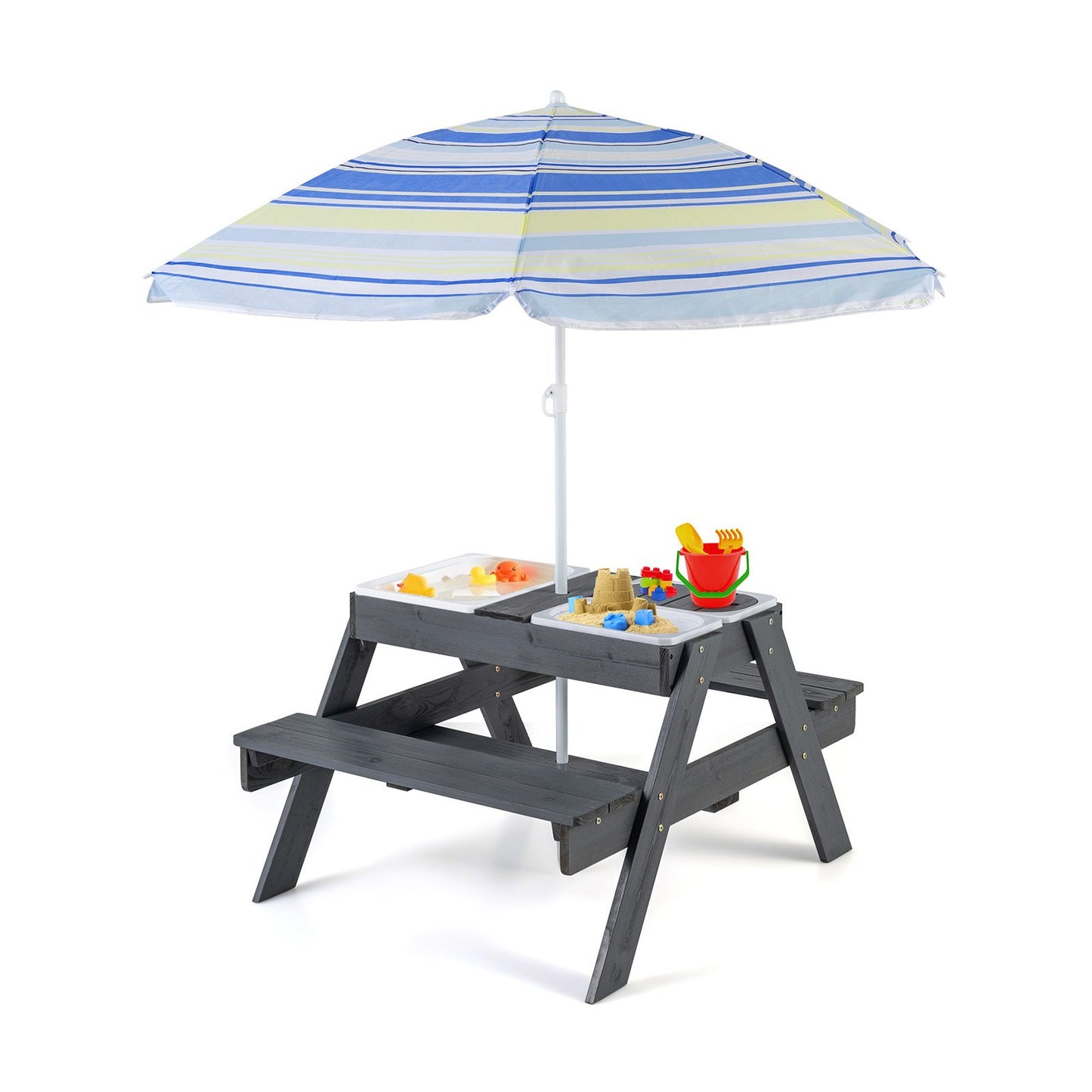 Kids 4-in-1 Sand and Water Table with Removable Boxes and Umbrella-Grey