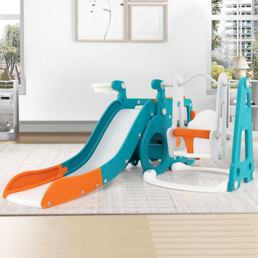 5-in-1 Kids Slide and Swing Set with Baby Swing Mini Bus Crawling Tunnel-Multicolor